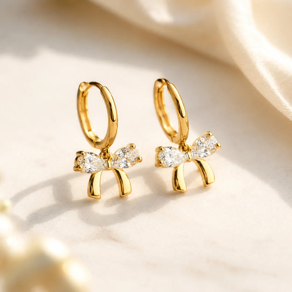 Golden Bow Crystal Hoops